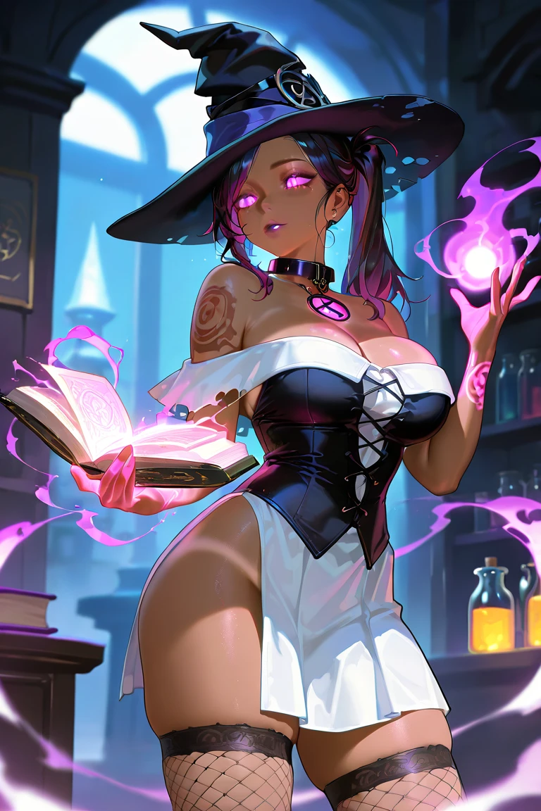 older woman in her 30s with long purple hair and tall, curvy body seen from behind, de costas, seios grandes, huge breasts, (obra de arte, Melhor qualidade:1.2) wearing the legendary great black dress of the mystical sorceress, Big witch hat, solo, sozinha, cybernetic tattoo