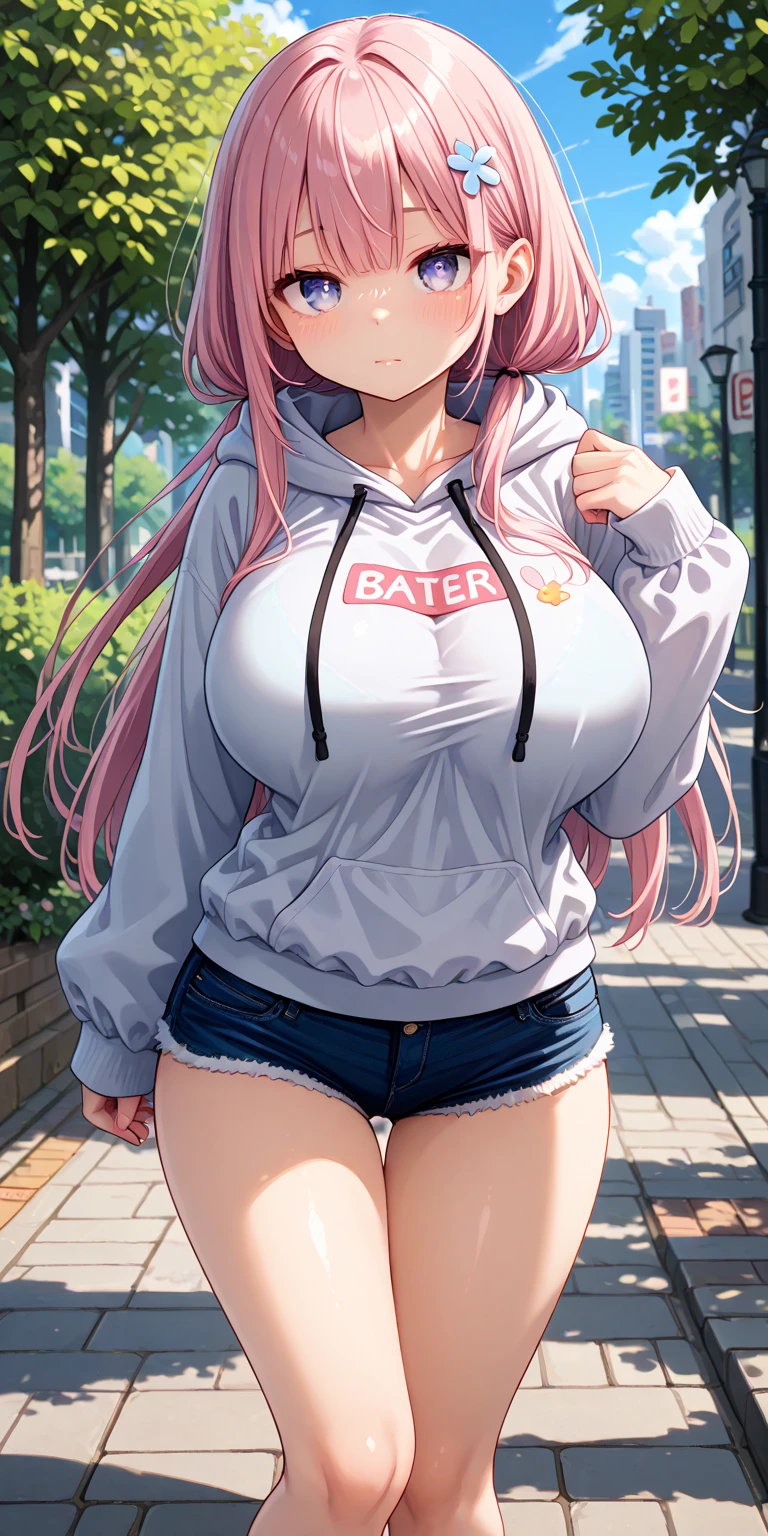 (masterpiece), (best quality), (ultra detailed), (highres), solo, (gotou hitori), gender female, standing, looks at the viewer, mid shot, front, against the backdrop of a stone wall, hair ornament, cube hair ornament, blue eyes, pink long hair, pink track jacket, bangs, hair between eyes, big breasts, soft smile, <lora:add_detail:0.5>, <lora:gotou_hitori:1>, jacket open at chest, lace bra, boobs out, skirt, ice cream between boobs,
