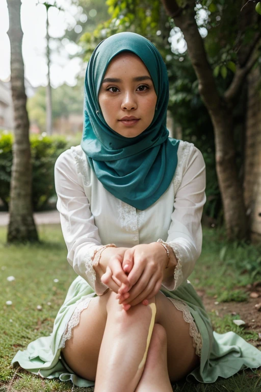 10 years old turkish girl wearing hijab white shirt black loose mini skirt long and beautiful legs white long socks black shoes very beautiful smiling sweet girl in the park high hd image quality