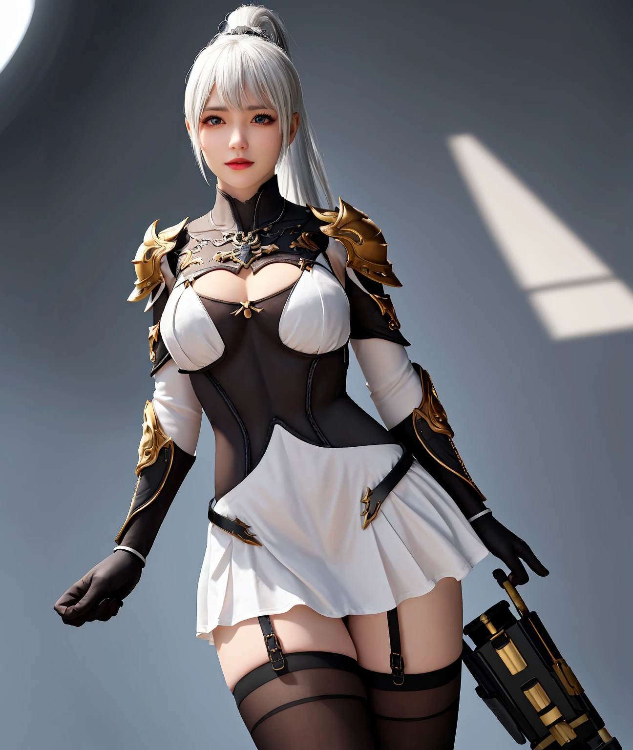 mpts
Copy
(((masutepiece, of the highest quality, super detailed))), a knight, white background, plain background, Bloodborne inspired, Bloodborne, occult aesthetic, occult, Complex mechanical cyborg girl, Skeleton body, red and white clothing detailed and intricate steampunk and detailed gothic lolita (with a hood), diadems, very thin long legs, Complex mechanical boots above the knee, Fluttering lace flared mini skirt, beautiful small breasts directed upwards, (((( Highly detailed face))), small thin nose, Small thin lips mouth, (((Very sharp focused eyes))), Very large slit precision pale grey eyes that shine like jewels. very long eyelashes, Silver hair swaying in the wind, Emitting a dazzling light in a mandala pattern, white background, Very dramatic and cinematic lighting, red and white clothing, full body, whole body, body, cosmic horror