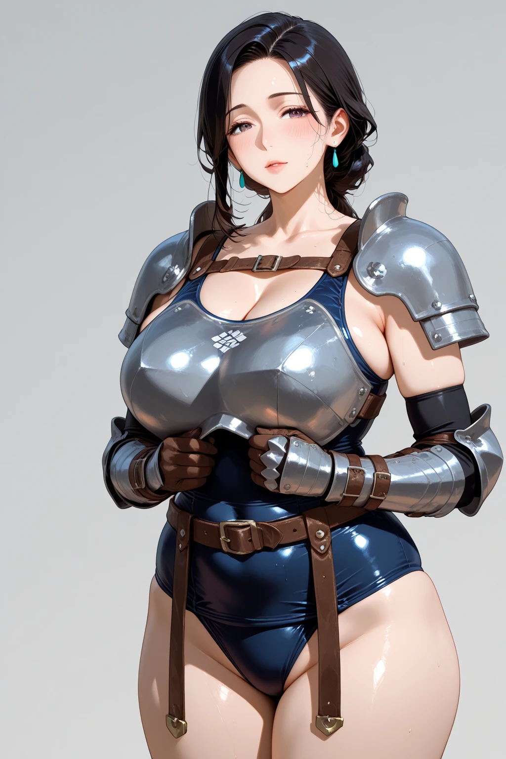 (High resolution, pixel perfect, gorgeous illustrations), (hyper quality, pieces fly, ethereal: 1.4),(alone:1.4), (((very short hair))), brown skin, (((((((muscular))))))), ((thick thighs)), (((wide hips))), ((Big breasts that are about to burst)), (((woman))), ((((mature woman)))), (((ticker_Chi_armor))), (leotard), (lewd girl), ((gray background)), (shiny skin), ((exposed exposed)), ((facial lash)), ((Ahegao)), roll your eyes, ((Underbat)),