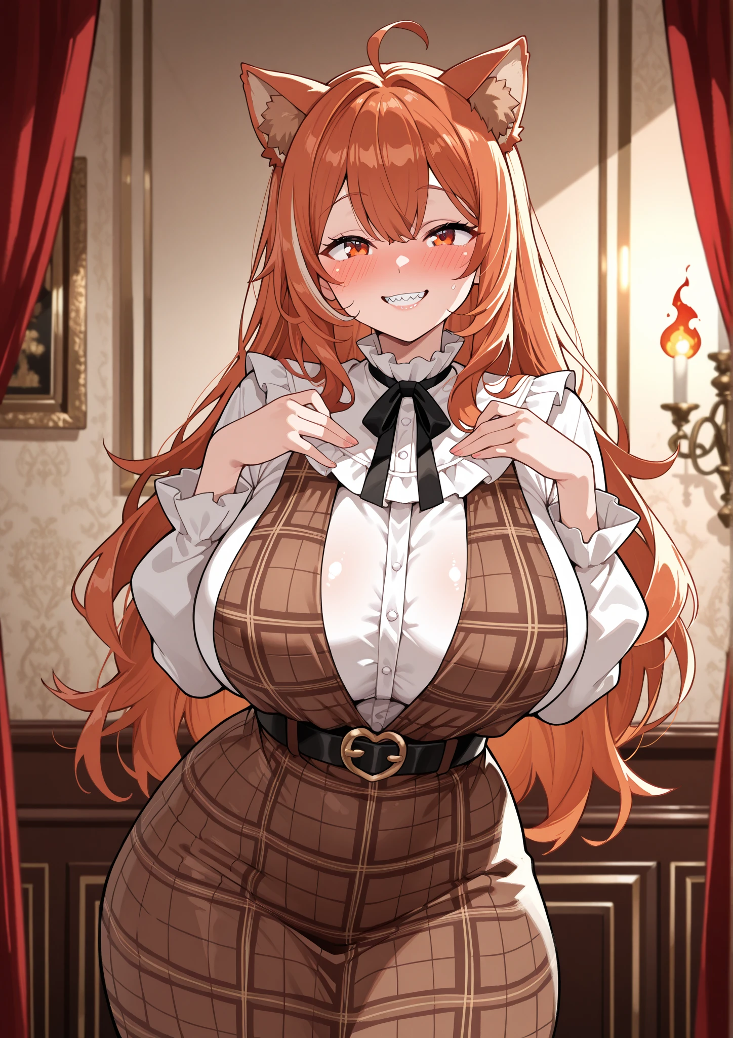 perfect face. Perfect hands. An orange haired woman with green eyes and an hourglass figure wearing a Gothic lolita dress is laying in a coffin with a big smile
