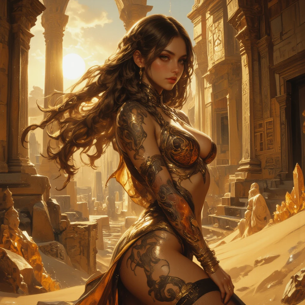 (An extremely detailed masterpiece by Frank Frazetta of a hippie girl, with long, flowing golden-brown hair adorned with floral crowns and beads, (glowing) amber eyes that seem to shine with luminescent wisdom, (sexy) curves accentuated by her vintage, bohemian attire, (barefooted) and holding a peace sign aloft, bathed in cinematic lighting that brings out the intricate details of her tattoos and the textures of her clothes, trending on ArtStation in the 8K resolution, captivating the imagination of art enthusiasts through its (vibrant) colors and intricate patterns, a true testament,l, detailed eyes, detailed hands, detailed face, elf girl