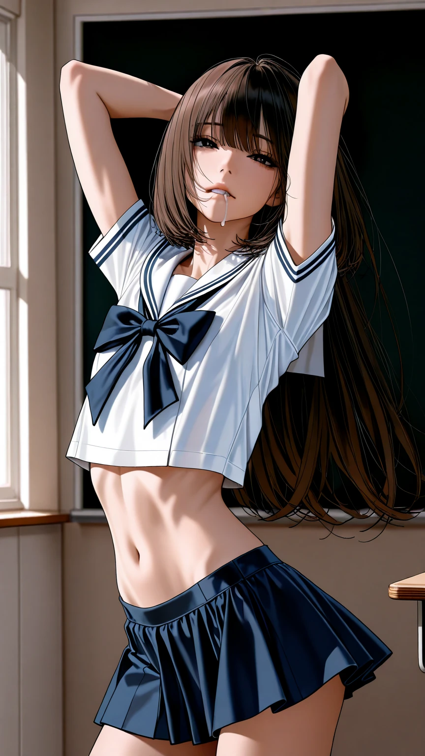 nsfw,alone, (One girl), Elementary school girl, ((White panties)), (wearing only the top half of sailor school uniform), Sailor with un-folded hems, sexy, (Cowboy Shot), ((Put your arms behind your head)), classroom, With a girl:Her hair is long and black, Her face is round and cute, Black Hair, Low twin tails, (Are standing),Shy, Embarrassing,(pussy cameltoe:1.0),I'm not wearing a skirt,
