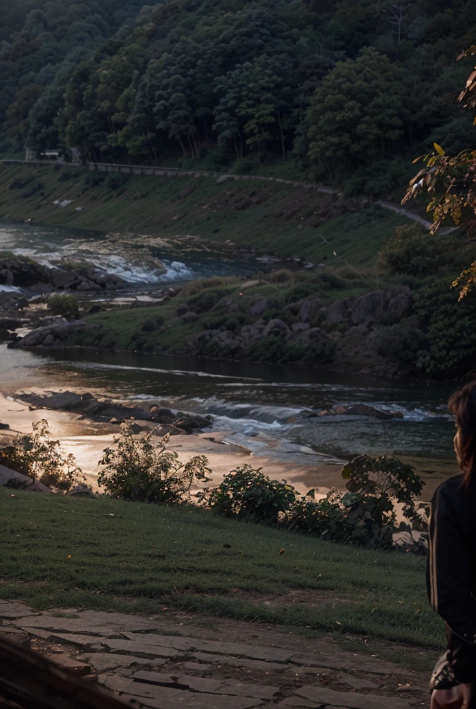 A boy and a girl are making love by the river in the evening, a boat is showing in the distance. It is raining heavily. The river is flowing at its own speed.Generate cinammatic hd image 