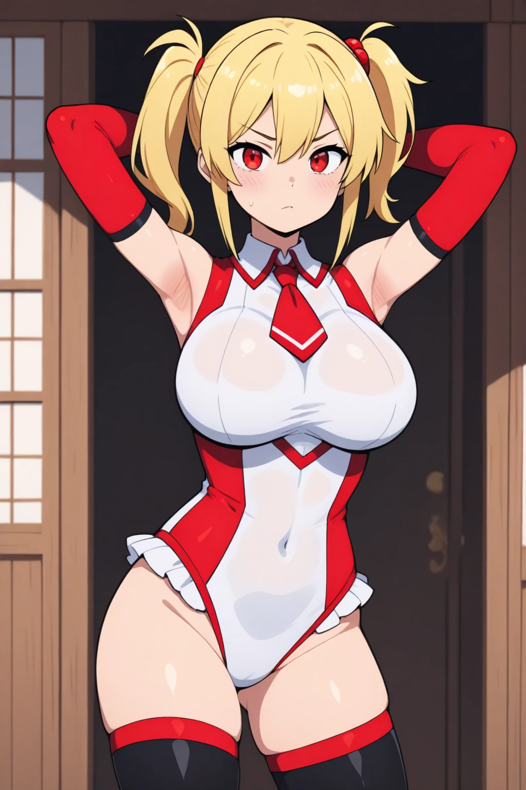 1girl,alone,chisato nishikigi,masterpiece,best quality,high resolution,looking at viewer,detailed,detailed eyes,short hair,dull blonde hair,headband,large breasts,medium waist,wide hips,wide thighs,body curvy, dynamic pose, red playboy bunny costume, red bunny ears, black pantyhose, smile, indoor, casino, waving, smile, open mouth, position, looking back, from behind, focus on ass, pov (from below), standing, (1girl),(solo),perfect anatomy, perfect hands