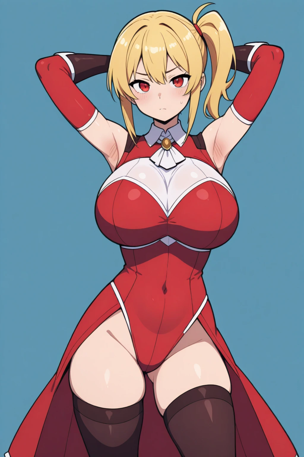 (plain background) (chest covered)(smile) gray skin, pale golden hair and violet eyes, huge knockers, full body standing symmetrical lustful smirking smile face red blush, pink painted nails, 1 girl full body standing straight symmetrical lustful smirking smile face red blushed, red cheeks, hands on hips