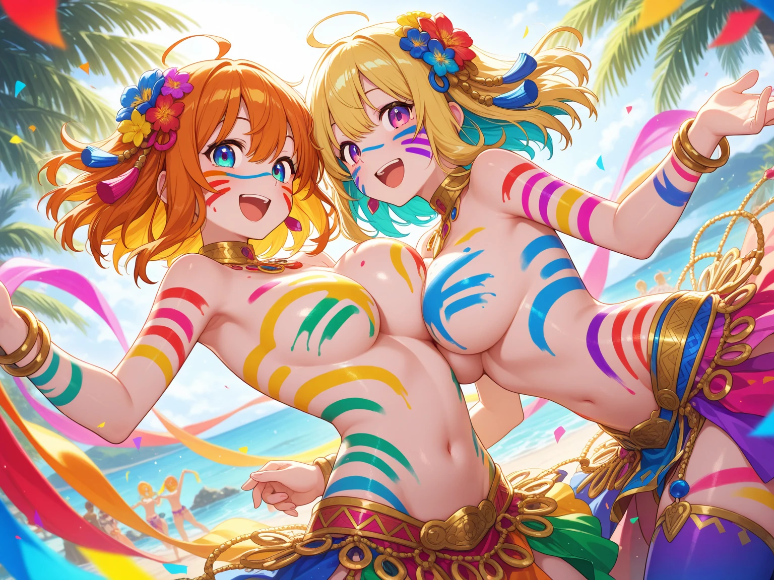 ((masterpiece、Highest quality、Detailed illustrations、Sharp Focus))、Carnival of Rio、parade、((Akihabara、Spectators along the road))、(5+ Cute Naked Girls、Various hair colors、smile:1.3、Dance merrily:1.3、Samba Costume: 1.3)、(((Pussy、Nipples、topless)))、(Glowing Skin、Flashy and gorgeous accessories、Fishnet Hair)、Visitors々