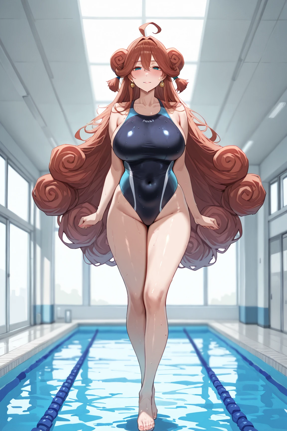 full body, full pose, 2d, ((squatting)) butt, firm ass, masterpiece, best quality, anime, highly detailed, cowboy shot, 1girl, solo, monika, green eyes, very long hair, ponytail, ((blue onebody swinsuit)), ((feets)), slim body, ((slim legs)), show thighs,  ((white ribbon)), ((running)), open mouth, pool background, armpits, smile, blushing, serious face, looking at viever. viev from up.