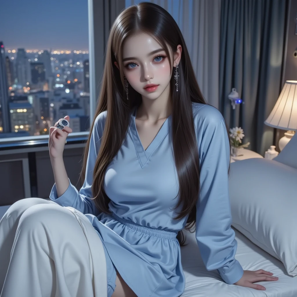 1 Girl,Sit on a comfortable sofa,Soft Light,Chinese Beauty, Lace pajamas,dress,Dark-haired,Length of hair