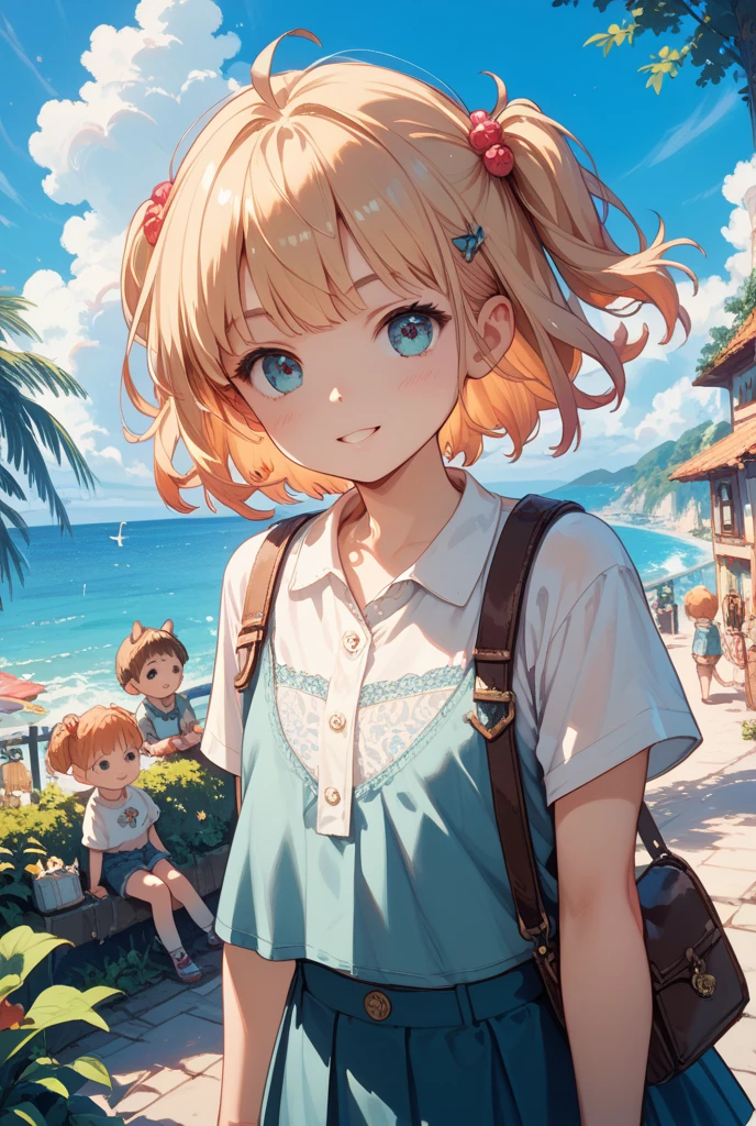 (solo:1.7),1baby\(very cute,soft skin,(newborn:1.9),chibi,dark gray eyes,blond hair,soft wavy hair,(very short hair:2.0),(extra short hair:2.0),[side hair:2.0],dark gray eyes,(wearing hat\(cloche hat\):1.5),wearing \(one piece,short sleeve,inseamless\),1bracelet\(black beads\) on left arm, (looking back:1.4) at viewer,cute smile,full body\) is sitting up at (seashore\(very beautiful,white sand,shiny blue sea,blue sky,beautifl clouds\):1.3),[:2.0], BREAK ,(design of the hat\((white:1.5),cute colorful flowers\(flat design\)\):1.5) and \(white, cute colorful flowers\(flat design\)\):1.5), BREAK ,quality\(8k,wallpaper of extremely detailed CG unit, ​masterpiece,hight resolution,top-quality,top-quality real texture skin,hyper realisitic,increase the resolution,RAW photos,best qualtiy,highly detailed,the wallpaper,cinematic lighting,ray trace,golden ratio\),low angle,close up baby