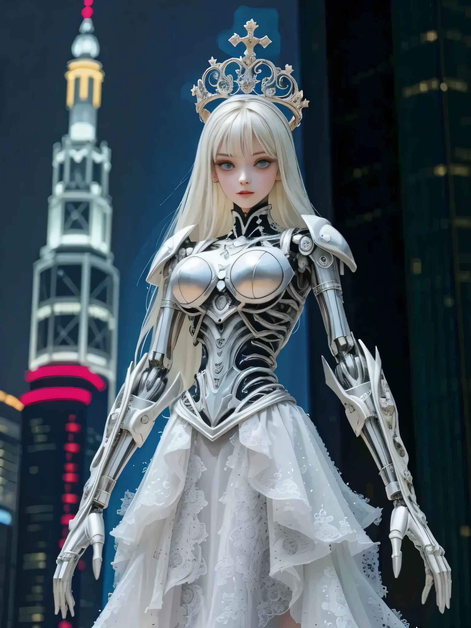 ((Highly accurate drawing across the details) Extremely accurate depiction )[high res],((Realistic texture expression)),(Clear and precise illustrations),(Very fine and precise drawing ),(Delicate lines with slow speed)[[Beautifully color-tressed main lines]],[Modern city skyscrapers background],[HENTAI][[ ANIMATED][ROBOT Beautiful Girl]](GIANTROBOTGirl, bigger than a building[Porcelain-like glossy skin](SKINNY[SLENDER]))[Pure White AUTOMATON(Mechanical limbs)]([Slavic Beautiful Girl's Face]METALFACE as beautiful as a doll([Clear lenticular iris]Pale Glowing Eyes)])(Transparencyのある樹脂繊維の髪[Sparkling Transparent Material])[(Mechanical Knight)[Titanium alloy internal skeleton](Delicate thin fingers)]],((An elegant exterior with many curved surfaces[Smooth body surface])(Halo Crown[[Large raised shoulder pads]])[Ivory white armor dress](Full Metal Petticoat(frills))),[[It is called the white porcelain princess lily.][mechanical joints[[brass gears]Energy cables]],[Sci-fi(Mechanical)[Steampunk]],[Platinum Coating],([ Beautifully Artistic Decor][White lily pattern])[Transparency],(Huge feeling[aerial perspective])[ Appropriate Ambient Light (Ideal light source representation)](details(High precision in selection)),(Precisely drawn faces(Perfect and Beautiful Faces)),(Beautiful eyes drawn with precision detail[Clear, large eye contours])[[深いTransparency][Sharply defined pupils](jewel-like irises that reflect light intricately)((Beautiful eyes clearly drawn down to the smallest detail))]),[[Eye Light]],[Long and beautiful eyelashes],[Soft looking lips[Slightly wet luster]],[[Uncluttered hairstyle]Precisely drawn hair one by one[美しく艷やかな髪のdetails]],(完璧な手のdetails[Beautiful fingers without flaws[Beautiful nails]]),(Perfect Anatomy(Perfect, well-balanced proportions)),[[High level of design[The golden ratio]]][Ideal Colors Coordination(Accurate simulation of the interaction between light and materials)[Beautiful and vivid color(Moderately soft contrast balance)[Soft chroma]]],([precise details][HighQuality]high res(details(High precision in selection))),(Huge feeling[Total length: 40 meters])[[full body view:0.4]][Narrative visual art],[[Personalization]](High-density drawing expressions)(最high res).