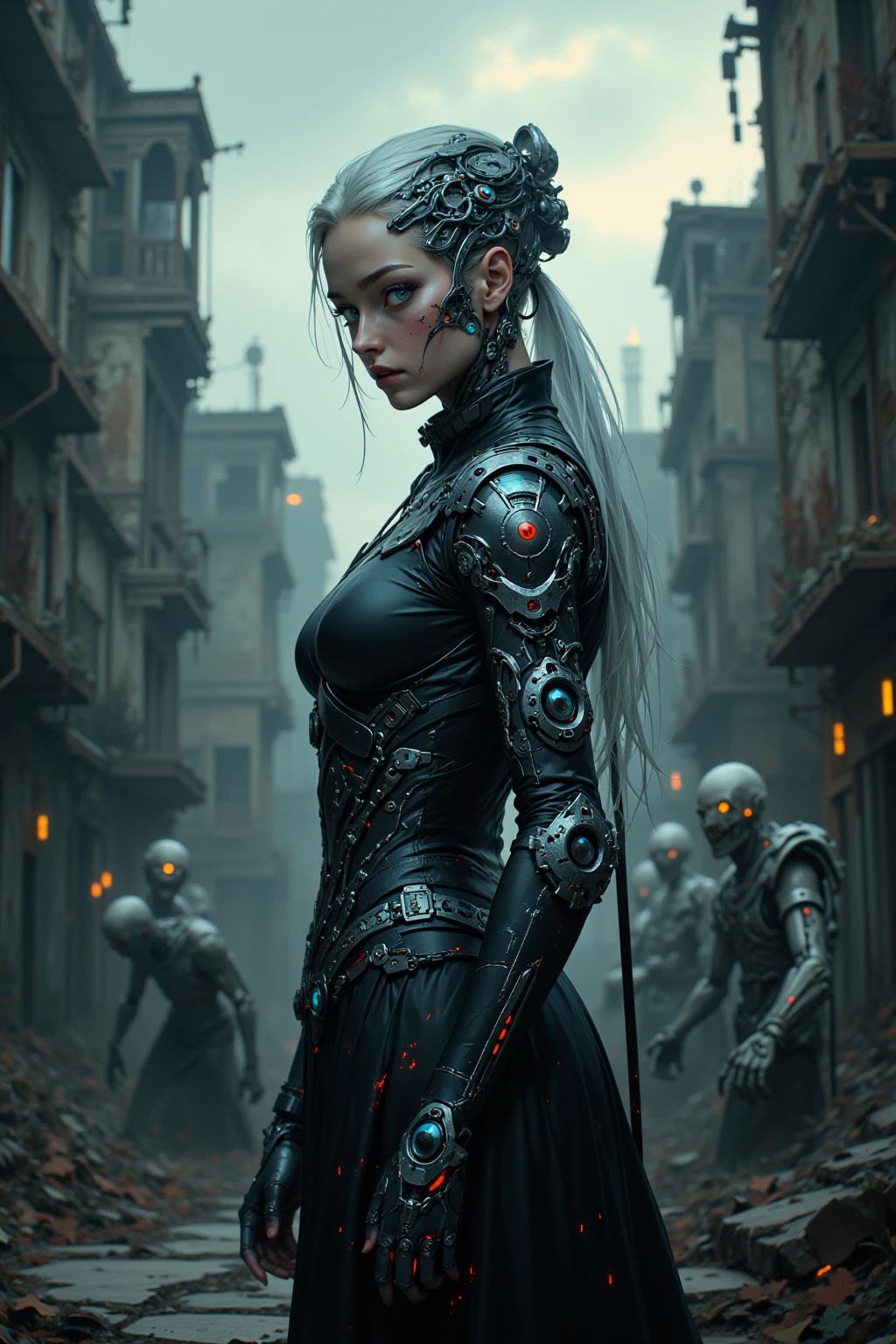 a woman in a costume standing in front of a wall of skulls, beautiful alluring female cyborg, vfx movie closeup, nekro, still frame from a movie, human actress, angel in plastic armor, movie promotional image, movie still of the alien girl, 5 0 0 px models, cybergods --auto --s2