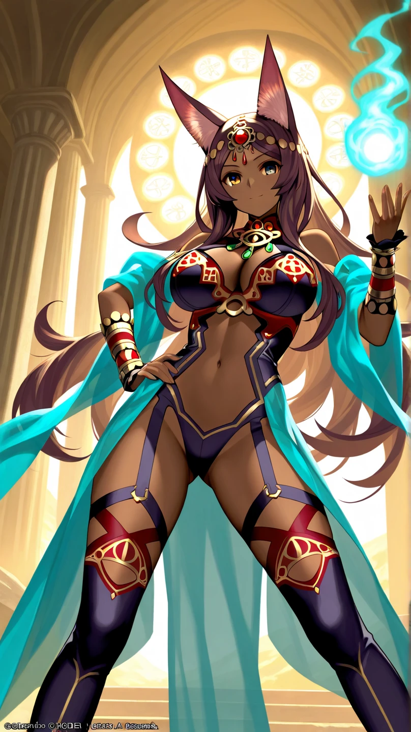 masterpiece, best quality, high resolution,
B3, 3rdOutfit, 1girl, solo,  legend of queen opala, 1girl, osira (character), black hair, darkskinned female, yellow eyes, blunt bangs, big breasts
