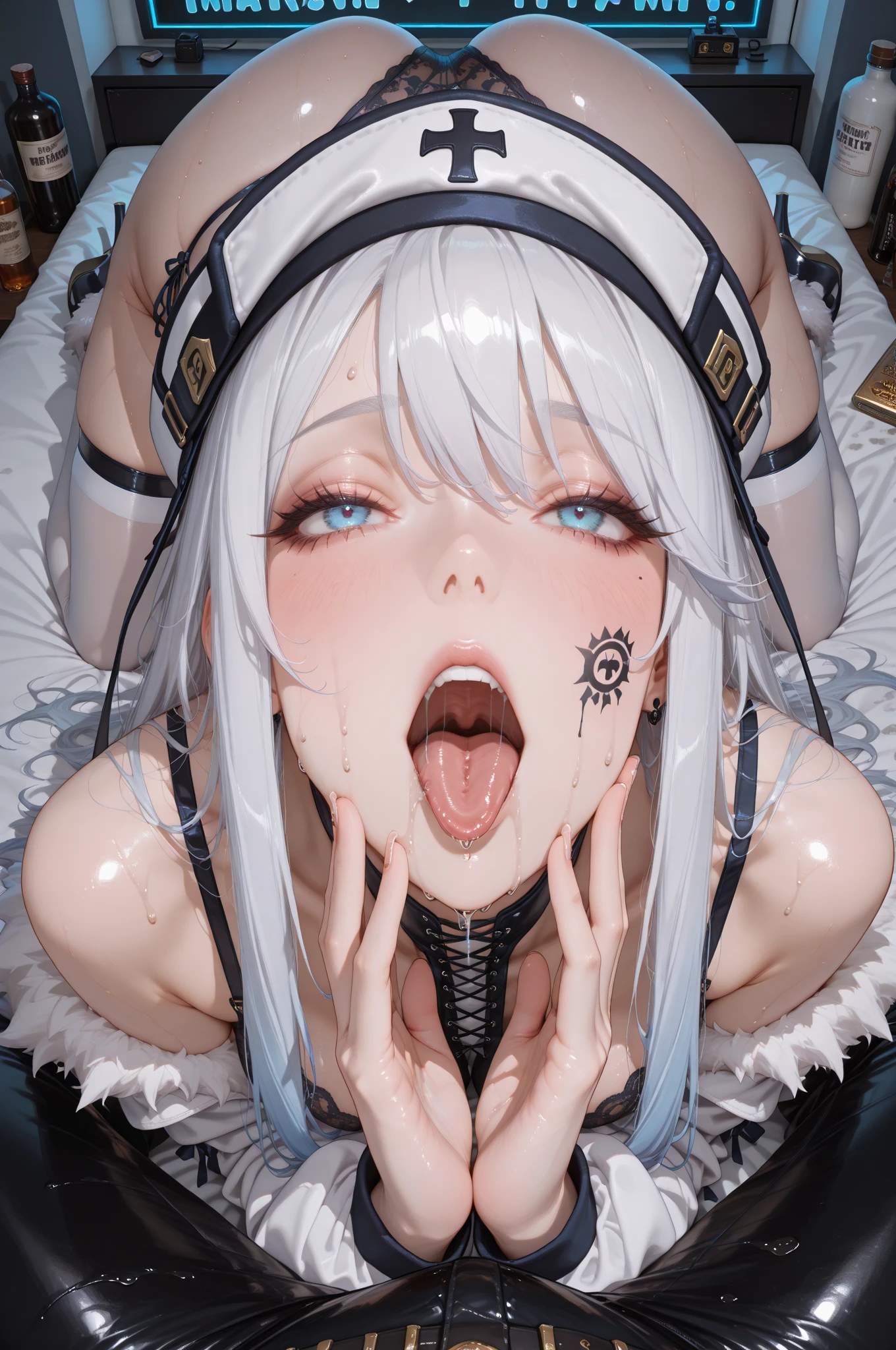 sucking ????, ???????, 1 girl, open mouth, saliva, drooling, wet, ??? on mouth, ??? on tongue, ??? on face, big boobs, big ass, big thighs, blush, crossed-eyes, front view, looking at the viewer, milf, ahegao, rolling eyes, tongue, Yor forger