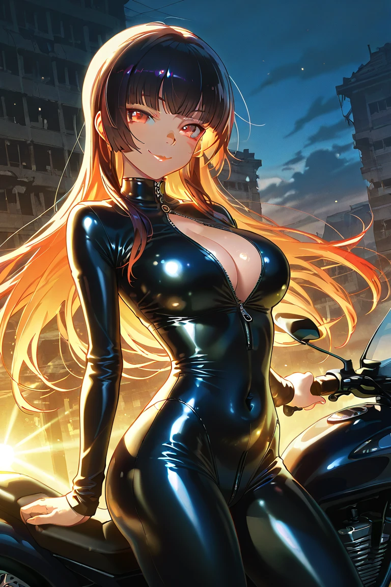 金髪の女性がcyber punkの街に立っている,Full body portrait,(masterpiece, Highest quality, Very detailed, Beautiful details in the eyes,Delicate face), Ultra-realistic, Blonde long hair, Shiny latex micro mini dress,Heart tattoo under the left eye, Seducing the viewer with captivating eyes, Beautiful Art Ultra HD 8K, 8KのVery detailedデジタルアート,cyber punk,{{{Neon Background}}},A very complicated background,Shinjuku,A face with hints of mechanical detail,A large motorcycle with a glossy black body and neon lines.