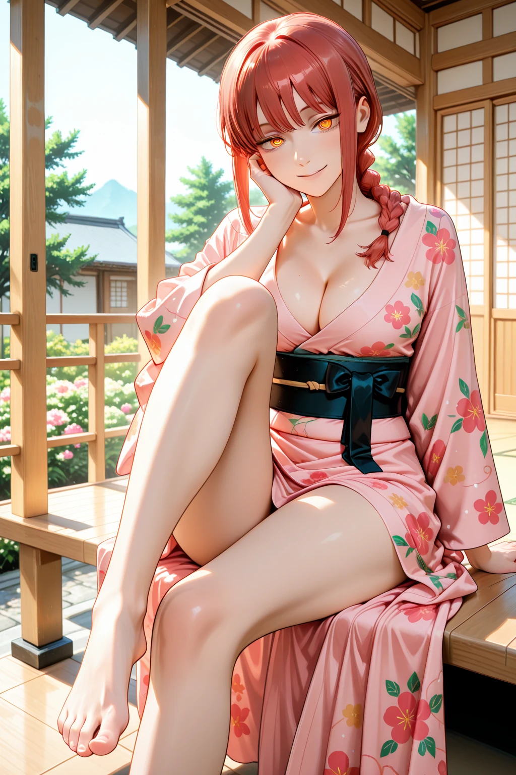 Garota anime ruiva com kimono pink sexy, with sunglasses, Ray-Ban Sunglasses, 16 anos, corpo bonito, seios grandes, with hands behind head, running your hands through your hair, hand perfectly on the waist, hand on hip, Garota sexy, red hair with braid , gorgeous lighting, sombras suaves, olhos azuis, pernas bonitas, hair with braid, estilo anime, Ranma Chan, Autora Rumiko Takahashi, Baseado em obra de Rumiko Takahashi, Anime Ranma 1/ 2, decote sexy, quadril robusto, corpo inteiro, corpo inteiro, busto grande, garota jovem com corpo belo e bonito, sandals on his feet, garota 16 anos jovem baixa estatura, wearing a sexy pink kimono and sunglasses, Ray-Ban Sunglasses, garota anime, estilo anime, beautiful feet in sandals, sitting on the floor, 45° viewing angle, ao ar livre, postura ereta