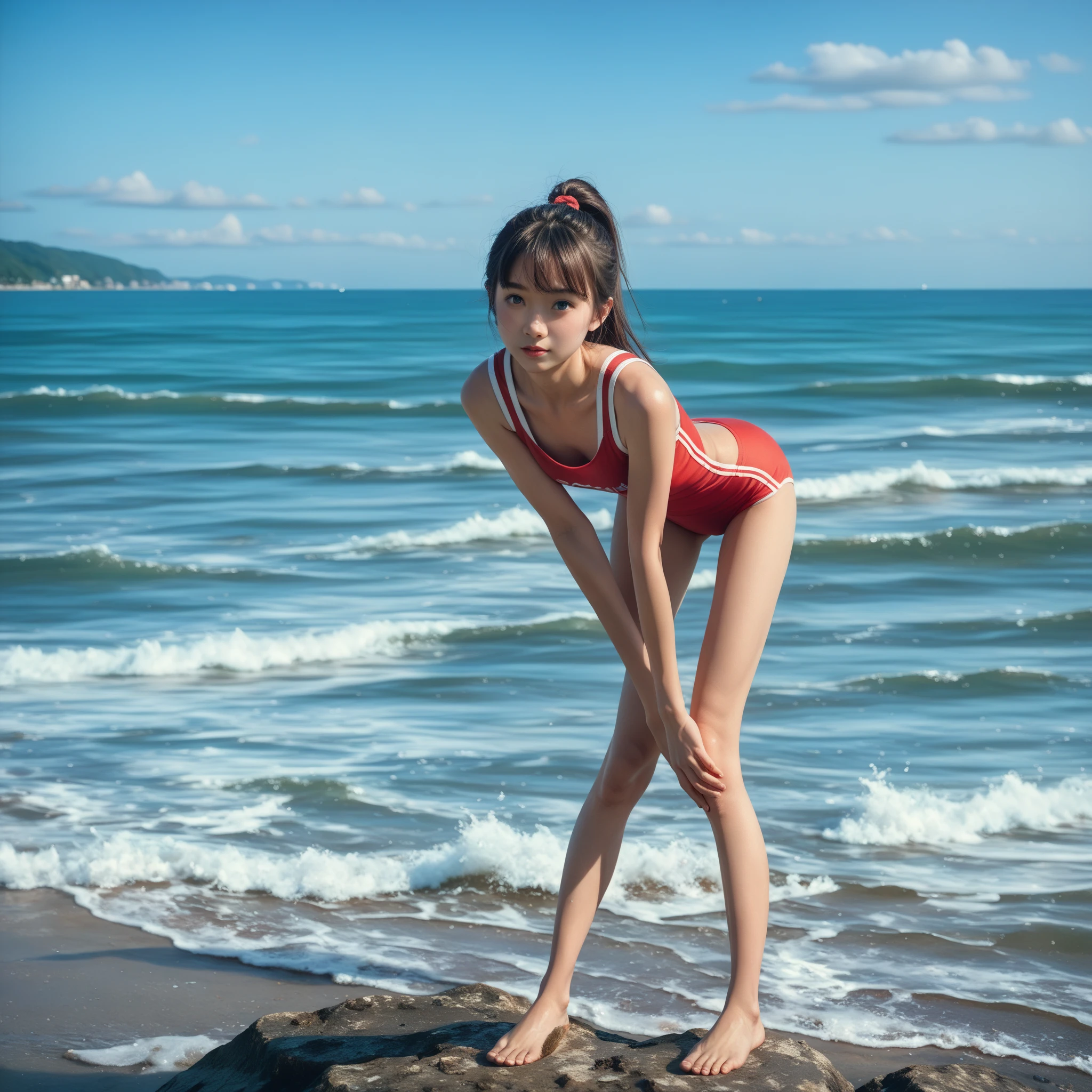 ((slingshot swimsuit)), 1girll, Solo, wedgie, Sea, sky, shortstack, standing, Long hair, Medium breasts,