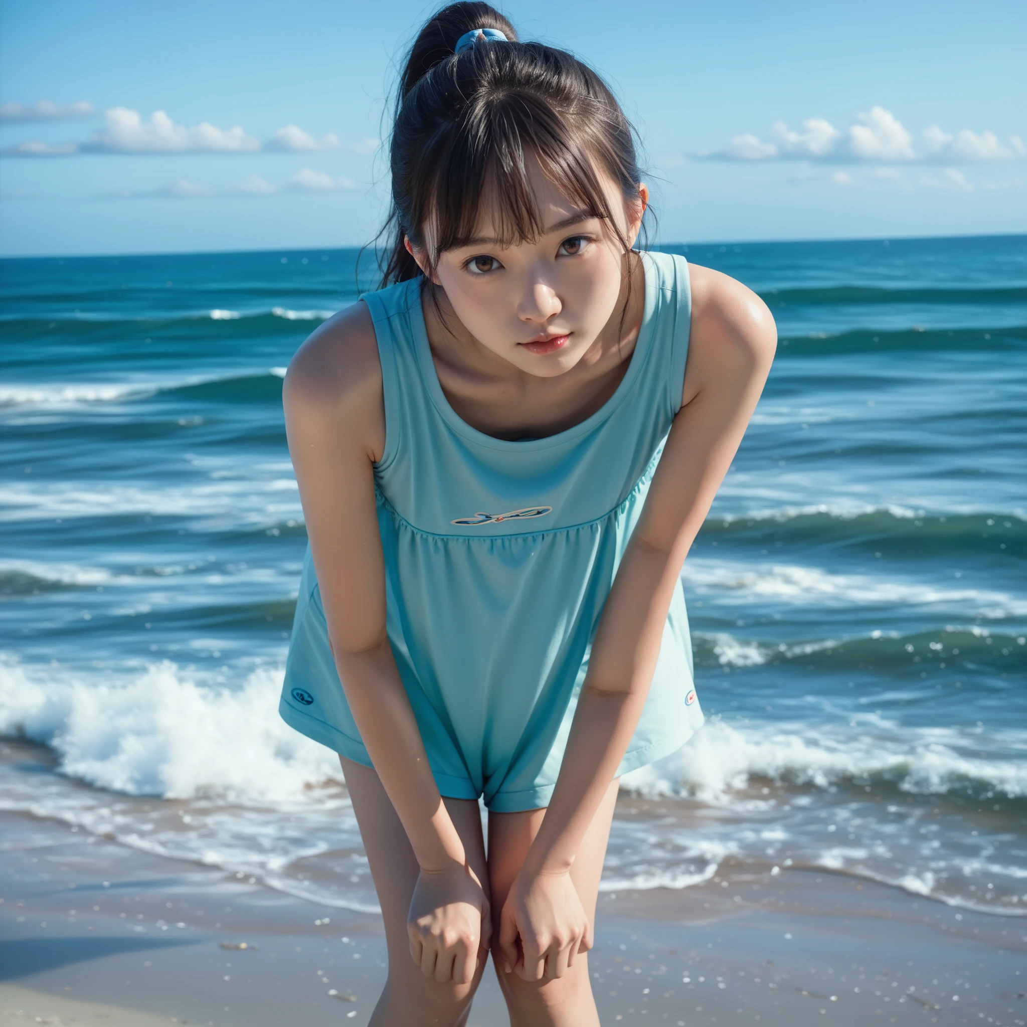 8K、12-year-old beautiful girl,、A detailed face、see-through camisole dresses、Chest depth - in the sea、strong breeze