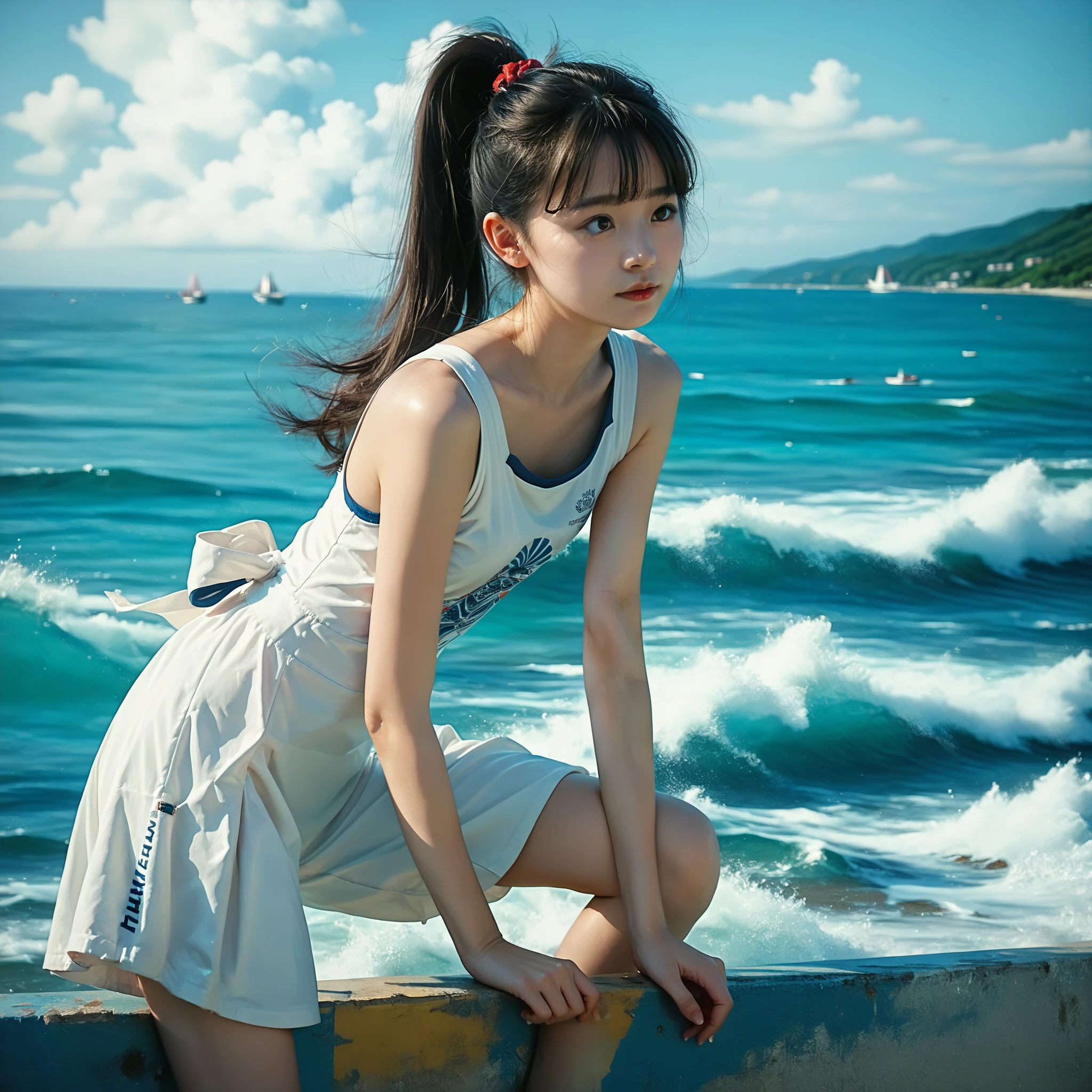 8K、sea the background of、Neat and clean schoolgirl, petite person, (slim, Small, Flat, Small), Twin-tailed, Photorealistic, (Detailed skin texture), Ultra Detail、one piece dress, Super Detailed Face, Detailed lips, Detailed eyes, 10years old girl、Delicate eyebrows、Little baby face、Professional Photography、watching at viewers、South Island Sea、full body Esbian、