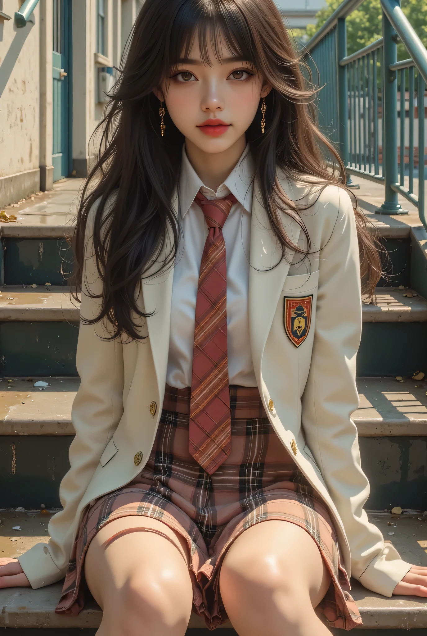 Super detailedCG Unity 8k壁紙、top quality、Super detailed、masterpiece、real、Picture、Super detailed可愛い女の子、18 years old、(high school girl sitting cross-legged on wet stairs)。(uniform)、(Skirt Flip)、(low angle、Cheek、red lips、bright color、Half-body bath)body shot。(Body bath)、Dynamic Pose、(日本の高校のuniformと指定靴)、(white blazer with an emblem on the chest 1. 2)、(plaid skirt:1.5)、(white student shirt unbuttoned)(Cleavage coordination)、(loose tie:1.2)、(black loafers:1.5)、(beautifulヤン:1.3)、(perfect proportions:1.2)、(Long front legs:1.2)、(beautiful:1. 3)、()、(big butt)、(雨に濡れた高校のuniform)、(wet hair、wet skin 髪、wet skin)、sexy expression、((Open your legs a little))、(pink panties are visible),(Skirt Left)、(wet hair、wet skin)、(BAPV)