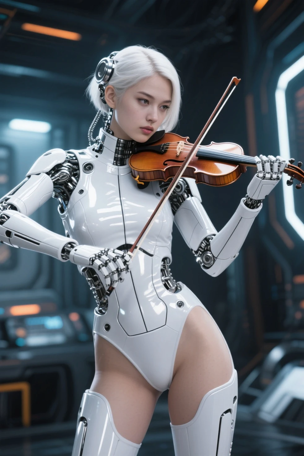 (masterpiece:1.2,Exceptional Quality,mirror-like,Cinematic Experience,Photorealistic:2.0,RAW Photos:2.0,Super detailed),8k,wallpaper,(Representing blueprints through holograms:2.0),(Beautiful woman:2.0),Female Cyborg, playing violin, (Design of a Female Cyborg:2.0),(Draw the front view:2.0),(Avant-garde design:2.0),(Drawing detailed blueprints:2.0),(Numerous notes about the settings:2.0),(Beautiful Face,Beautiful Eyes,Beautiful Hair)