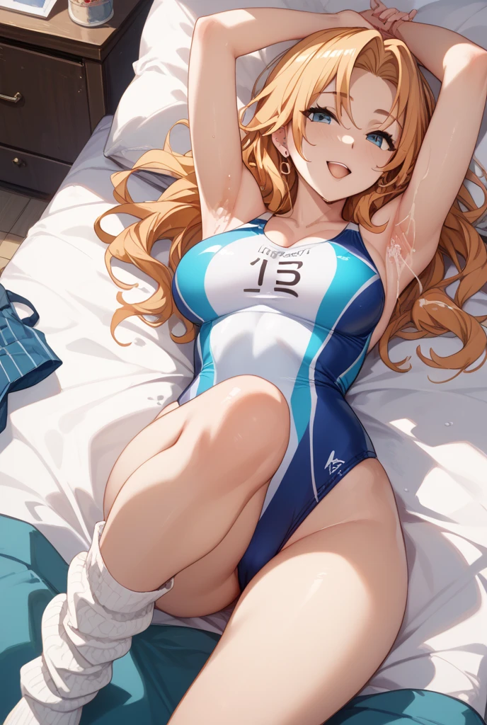 score_9, score_8_up, score_7_up, score_6_up, score_5_up, score_4_up, cute 18 year old girl, kawaii girl, perfect cute face, wide hips, thick thighs, erect covered nipples, big breasts, teardrop_breasts, massive butt, super wide hips, light brown hair, blunt bangs, long hair, pale skin, green eyes, pj shorts, cameltoe, choker
BREAK
Lying in bed, on back, in bedroom, seductive expression, smirking,
BREAK