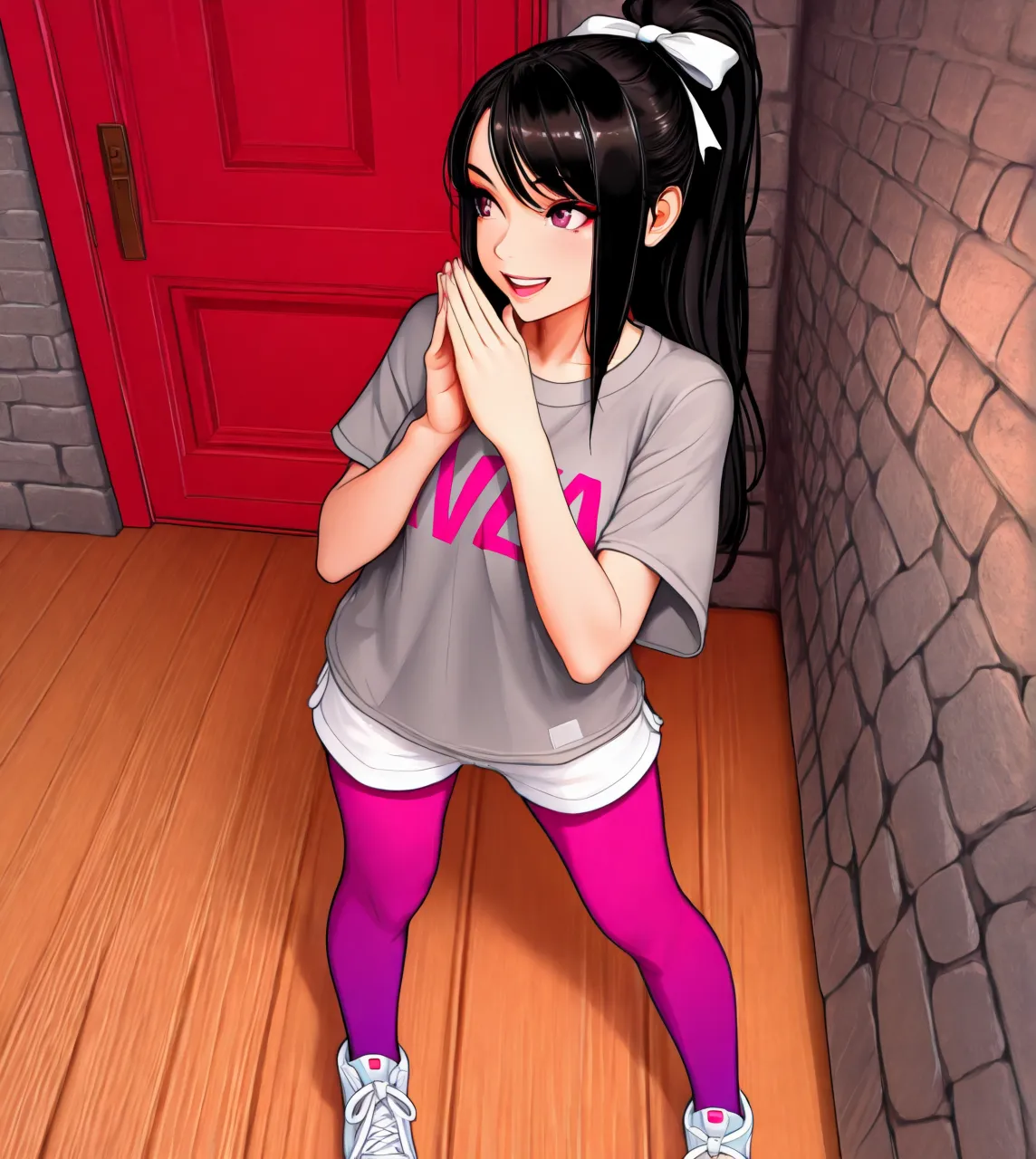 Violet Parr, 1girl, (flat chest), (((very small breasts))), ass:1.3, purple eyes,  black hair, long hair, lips, bang, blush, naked, she is showing her vagina, depth of field, bokeh, (special attention to skin detail: 1.2), masterpiece, best quality, ultra-detailed, ultra-HD, photorealistic, cinematic, ((close-up camera shot)), sensual pose, alluring, fingering:1.4, masturbating, location is superhero headquarters, her fingers are inside her vagina, she is squatting, her breasts are visible 