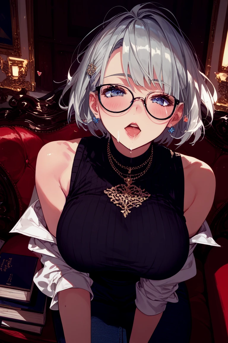 (masterpiece, best quality), 1girl, messy hair, choker, black silk pajamas, see-through, glasses,