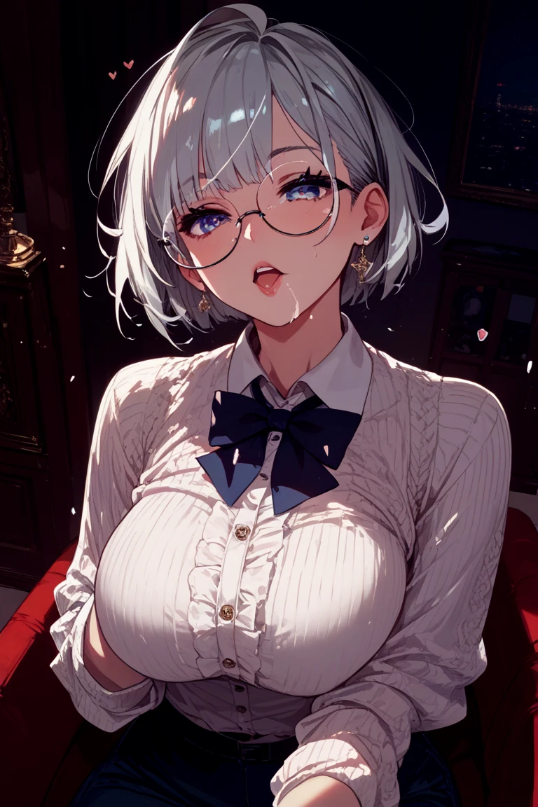 Sweet expression, lying down, white glasses, Short white hair, (8K, original photo, Realistic:1.25) ,( Lip Gloss, eyelash, shiny face, shiny skin, best quality, Ultra-high resolution , Depth of Field, Chromatic Aberration, Caustics, wide light, Natural shades, K-pop idol) Looking at the audience with calmness and goddess-like bliss, whole body, Large Breasts, white underwear, black stockings, Sheer shirts, White shirt, secretary