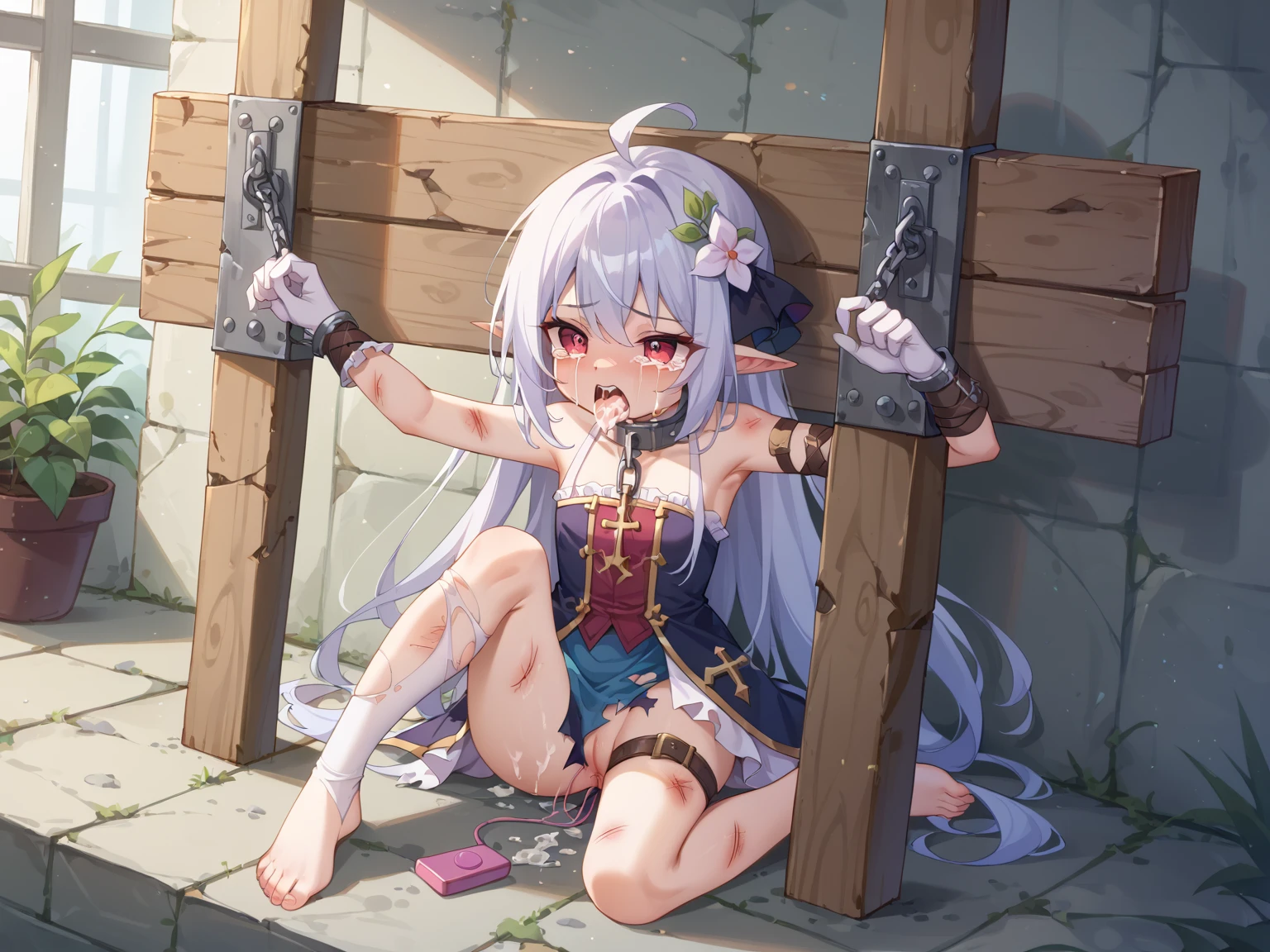 1 girl, adult, beautiful, long silver hair, small breasts, scared, water, mermaid, ((trapped, Rope Bondage , Hemp rope)), fish fins on head, transparent fish scales, river, mystical