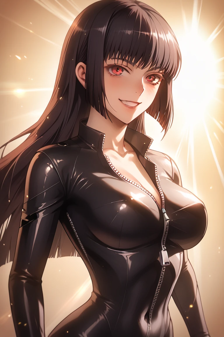 (masterpiece), (best quality), Nico Robin (one piece), best quality, ultra detailed, 1girl, solo, standing, black hair, long hair, black eyes, bangs, medium breasts, tie, look, smile, (bad: 1.2), looking at the crew members, (interview: 1.3), (dark background, chains: 1.3) breasts out,