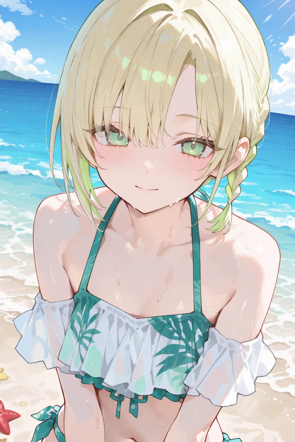young girl, long hair, blonde hair, one eye closed,dark green eyes,forehead, small breasts, short stature,(seductive smile,clenched teeth), sweating body, (big blush), dark green micro bikini,(hands behind back),( standing),beach,suntan,wet body, pov from front, looking at viewer