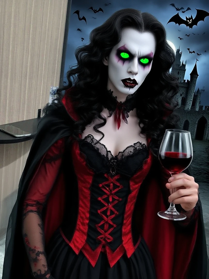 A sexy 19-year-old young male with black long hair, teal blue eyes with gothic clothing. He is coming out of his coffin. (((Gloomy atmosphere))) Surreal, Insanely detailed, Detailed face, extremely detailed texture, Ultra Detail, Detailed face. Exquisite details and textures, no facial or body hair. ((smooky)) (((heavy rain)) ((rainy)))) (((cold))) (night) (Smirking while furrowing)  (pretty male) (no facial or body hair) (his black hair is long and straight) he has long, pretty eyelashes. He has gothic makeup on his face. He is tilting his head and looking down at the camera while smirking and narrowing his eyes. He looks like a vampire. (((red and black)) He has a malicious expression on his face. He has eyeliner on his face. Ha has long wolfcut hair.
