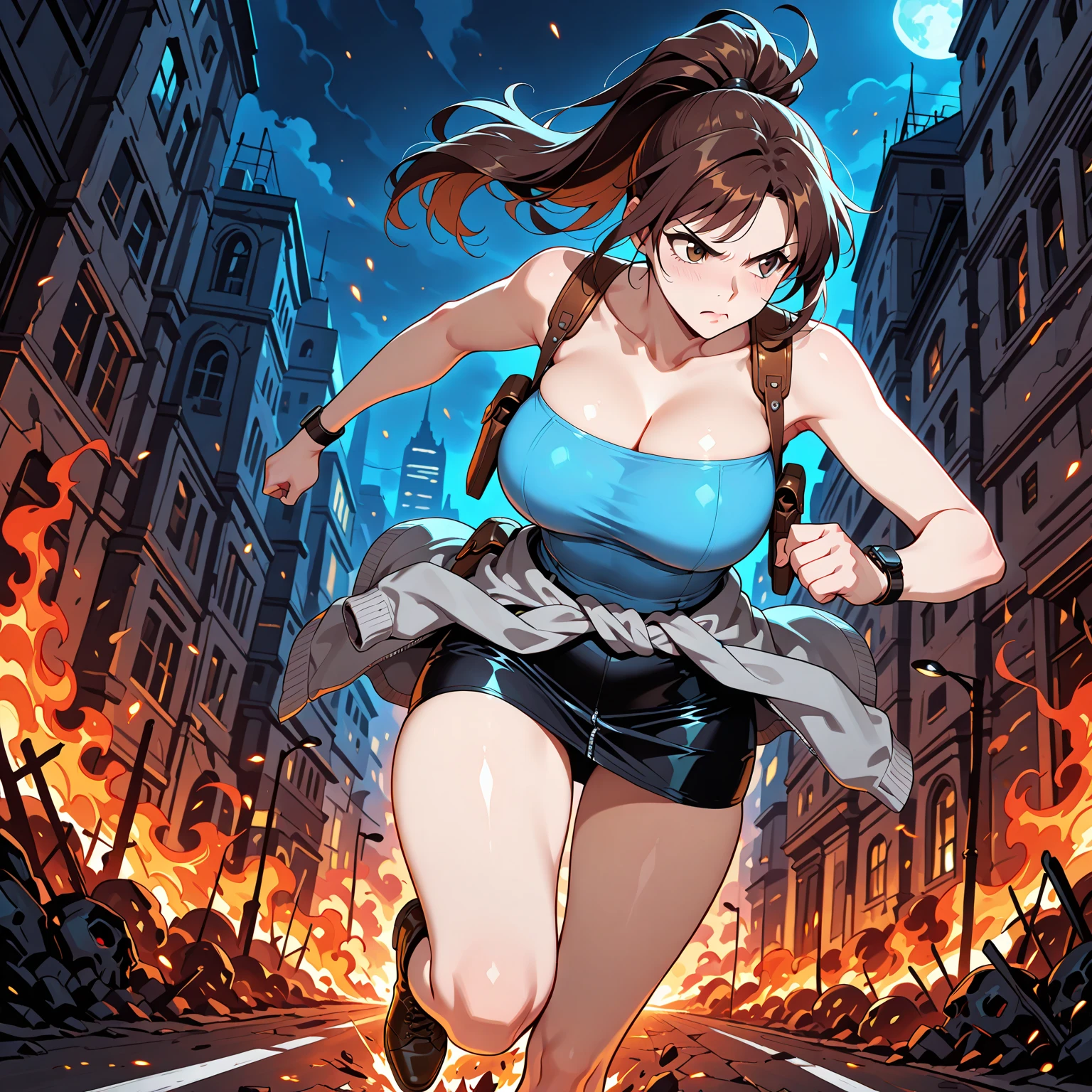 masterpiece, best quality, shiranui mai, brown eyes, long hair, brown hair, white ribbon, sleeveless, ponytail, sash, pelvic curtain, arm guards, gloves, tabi, day, (huge breasts:1.4), cleavage, shiny, shiny skin, (mature female), wide hips, huge thighs, long legs, <lora:shiranui maiV1:0.6>
(Glowing brown eyes:1.2), beautiful brown eyes, deep eyes, detailed eyes
building beneath hands
wide shot, zoomed out, (detailed eyes, deep eyes), symmetrical eyes, symmetrical face, perfect arms, perfect hands, perfect face, perfect legs, perfect thighs, aroused, horny, blushing, narrowed eyes, ground view, from below, groundview, low angle, looming, perspective:1.2, looking down:1.5, looking at the ground, <lora:giantess:0.8>, blue sky, leaning forward, leaning over, bent over, city, giantess, gts, giantess destroying a city, destruction, hands on a building:1.3, crushing a building with her hands, destroying a building, rampage, huge craters, ravines, cracks in the ground, earthquake, smoke, fire, destroyed city, ruins, rubble, debris, crumbling, destroyed buildings, knocked over buildings, toppled skyscrapers, crumbling buildings, falling buildings, rampage in the city, destruction in the city, destroyed cityscape <lora:ThickerLines_RM_v1:0.2> looking away, partially obscured
