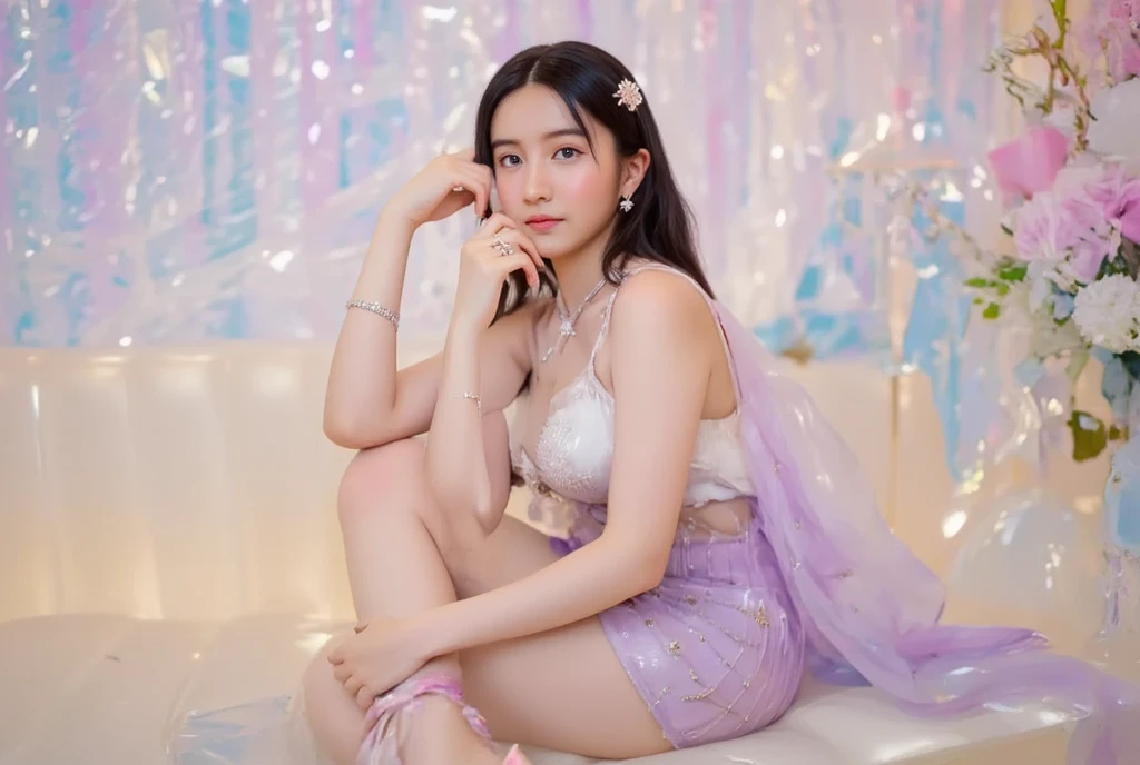 eyebrows thinner,The above-the-knee length pale pink ruffled dress is decorated with lace, ribbons, and countless embellishments. The neckline is low-cut, showing some cleavage, and the sleeves have puffy ruffles. For footwear, wear white ankle-strap sandals with small heels. For accessories, Maya added a pink headband with a matching bow and dainty pearl earrings.