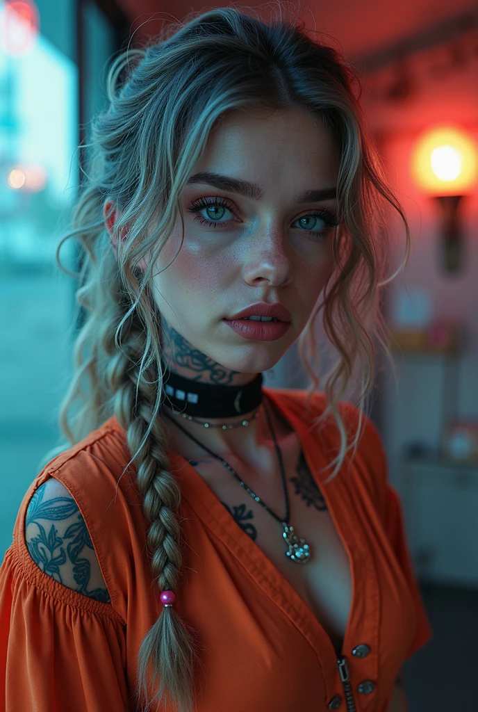 light red hair, vibrant blue eyes, pale white skin, portrait, rock clothing, band clothing, fine nose, thin chin, dark night scene, tattooed , RAW color art with high detail., (detailed skin, skin texture), (muscle), intricate details, fine details, hyperdetailed, ray tracing, subsurface dispersion, soft and diffuse lighting, red and blue spotlight, por Jeremy Mann, Greg Manchess, Antonio Moro, trend in artstation, trend on CGSociety, Intricate, High detail, sharp focus, Dramatic, photorealistic Midjourney painting, background bokeh, pub, Best Quality, masterpiece, only 1 girl, fullbody portrait, dark atmosphere at night, look at the viewer, White T-shirt, blue jeans, night bar, country scene, thin girl