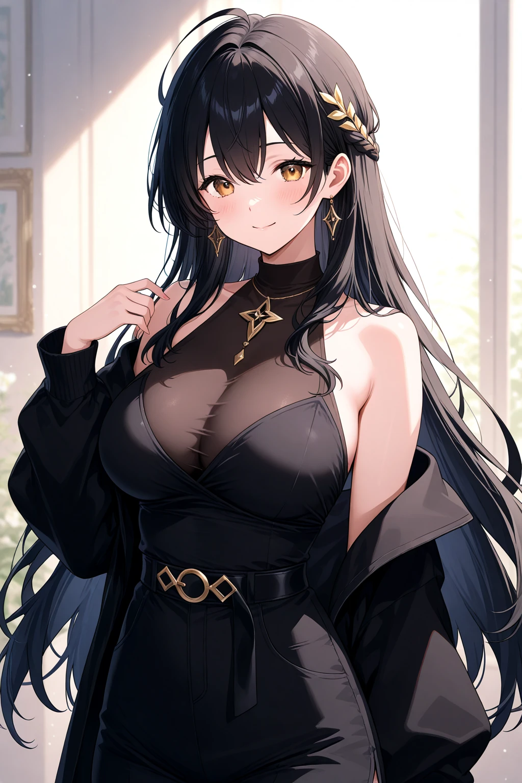 masterpiece, best quality, detailed clothes,1girl, green eyes, black hair, solo, long hair, ponytail, bangs, large breasts, black and gold standard low cut, v-cut dress with skirt, smiling, smile