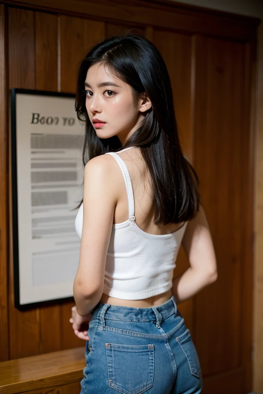 one girl,Beutiful women,Photograph the whole body,In a corner of Korea,At night,Wear a camisole,Wearing white hot pants
