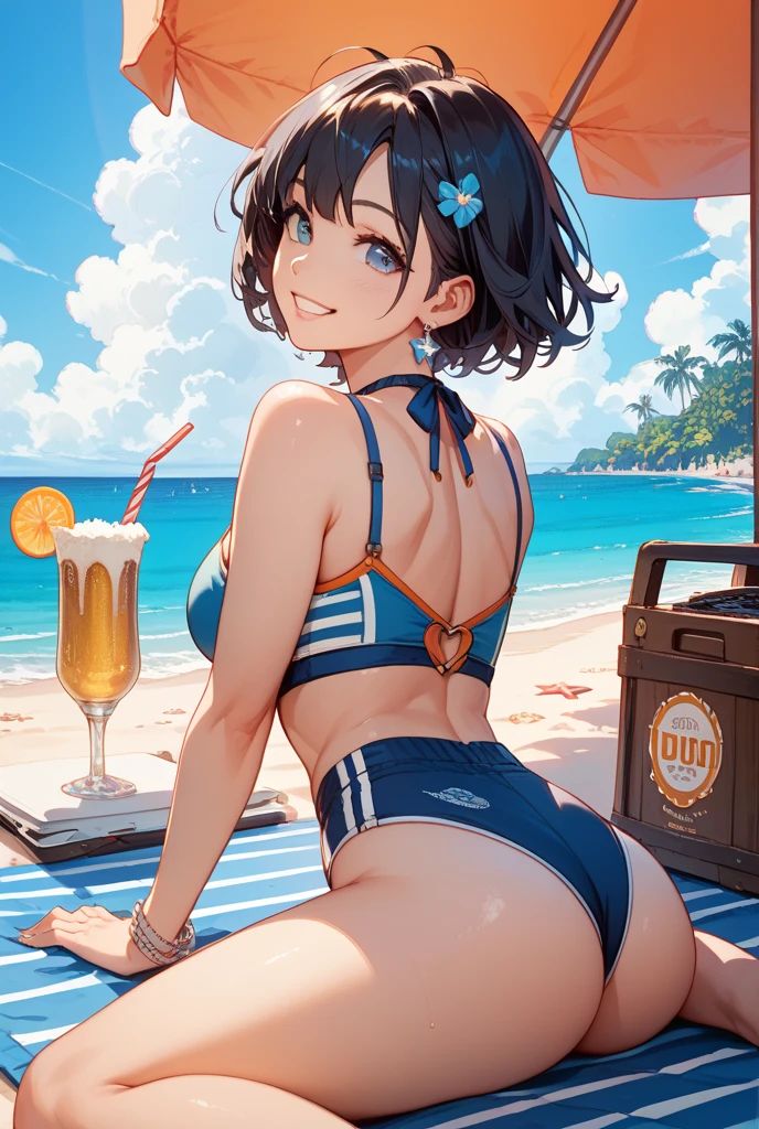 masterpiece、ultra-quality、ultra-detailliert、Perfect drawing、Solo、girl with、(((Bikini in tropical colors)))、(round and big buttocks)、((Pose with buttocks sticking out))、(((bulging bust top)))、(ample breasts:1.5)、perspiring、(darkskin)、(Cute smile)、20yr old、plein air、blue-sky、cumulonimbus clouds、glowing sun、resort hotel、Tropical、Beach Resort、hibiscus、shores、(Shot from diagonally below the back)、beatiful backgrounds、Accurate drawing、Detailed drawing、high-class sense、Open、Functional