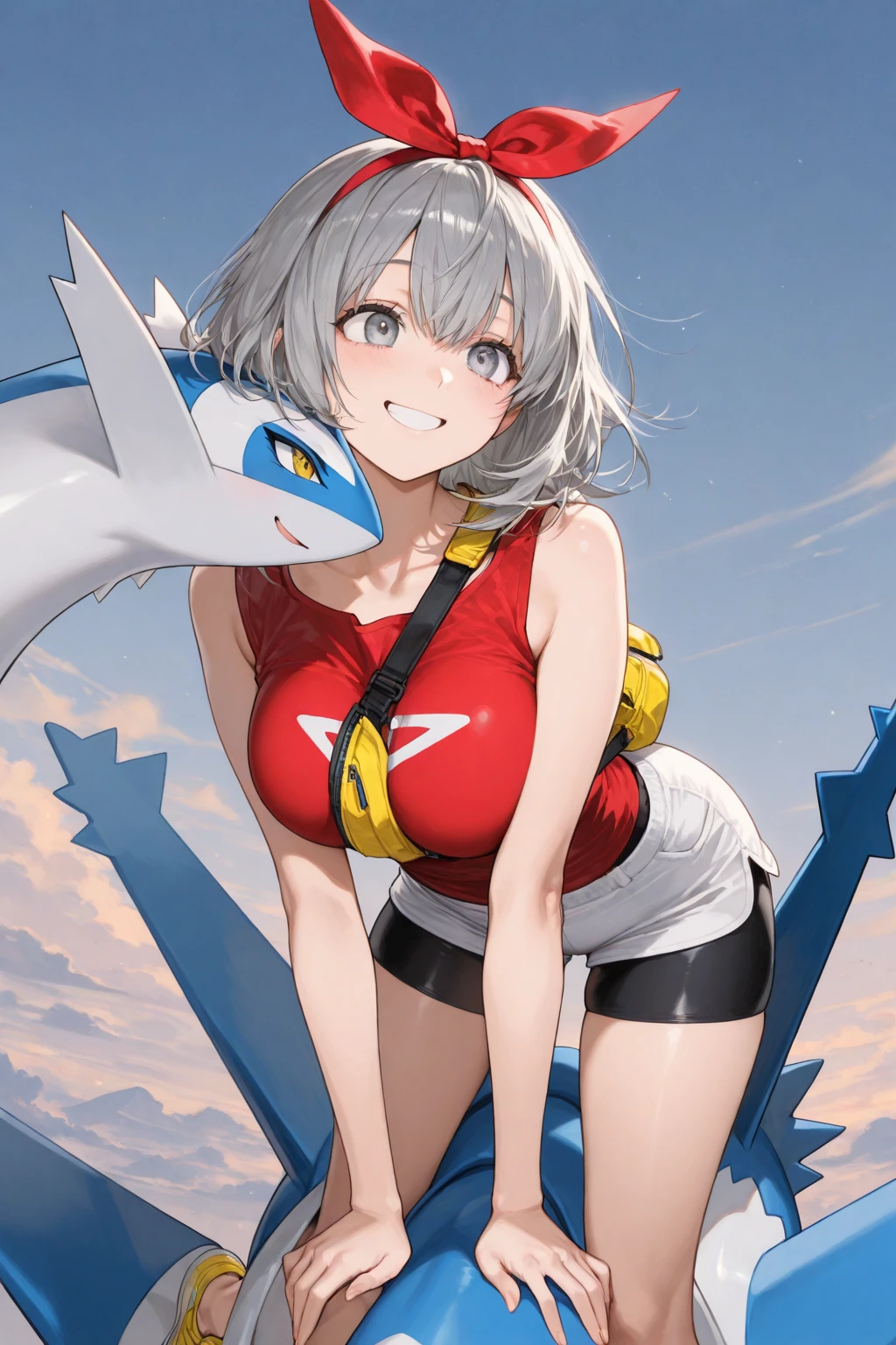 ((Best quality, Masterpiece, Complete anatomy, Detailed pictures)), 1 female, arctic protogen, shark girl, Long visor, blue visor, blue eyes, sexy body, Big Pong, big breasts, naked, Shark tail, The body is sexually aroused.., wet, blushing, red red, shy, in the sea, front view