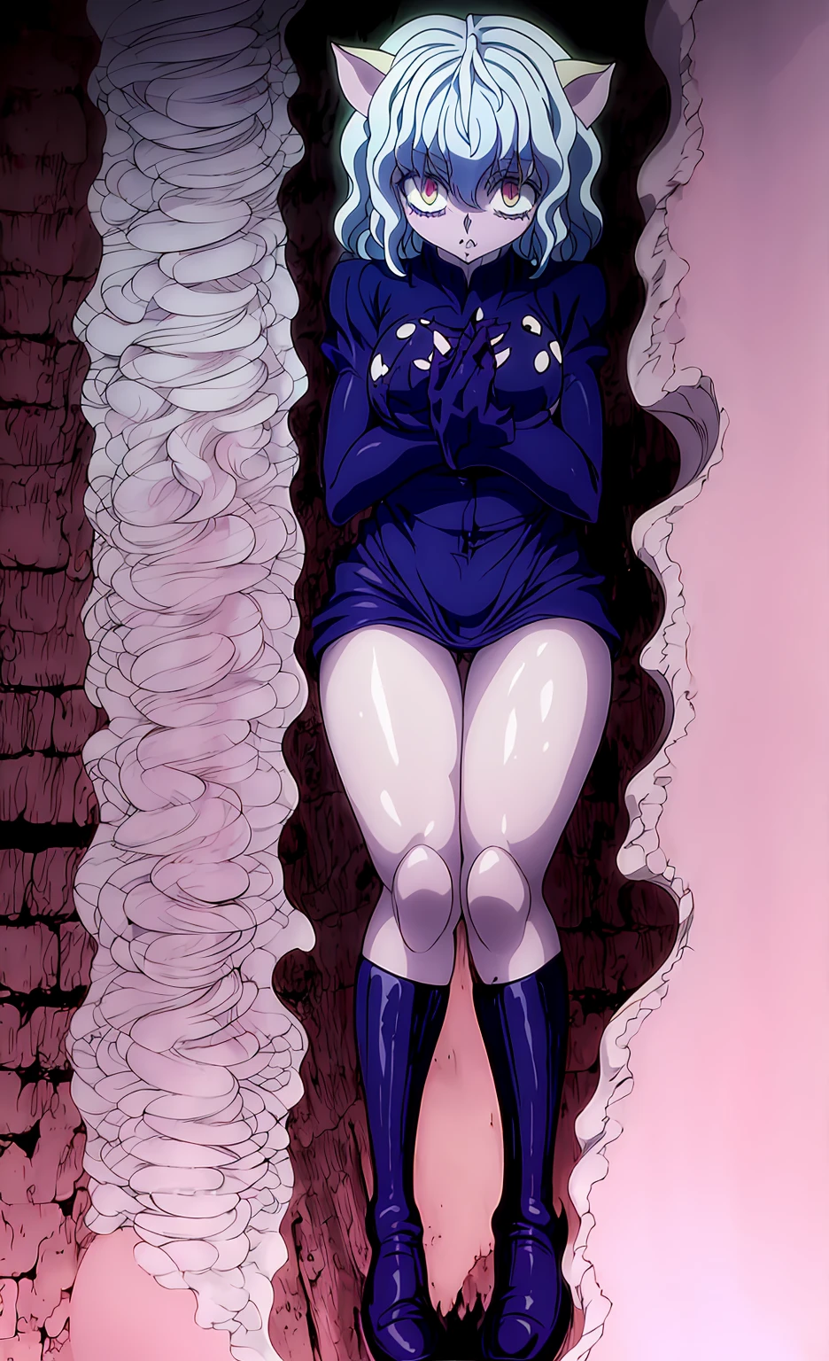 1girl, solo, Raven from Teen Titans, short hair, purple hair, purple eyes, red jewel in forehead, (grey skin:1.4), medium breasts,boots, ((skin tight leotard, black leotard,long sleeves, thong leotard, latex leotard, cameltoe),((standing, hands on hips,)),, anime screencap, ((blushing, angry, crying)) , (thicc:1.4), boots, seen from below, dynamic angle, ((wetting self, pee stains, puddle))