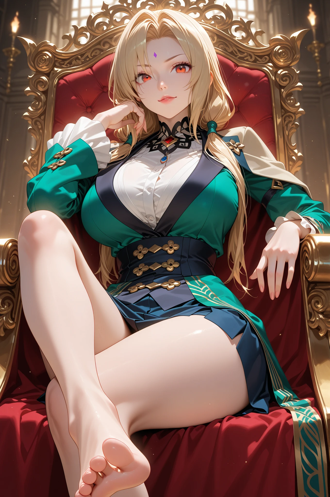 Best quality, masterpiece, ultra high res, raw photo, beautiful and aesthetic, deep shadow, fairy theme,(ultra detailed:1.3),
1girl, sitting pose, headdress, (beautiful face, detailed eye:1.2), embarrassed, drill hair, long hair, blonde hair, gradient hair, yellow eyes, solo, (busty breasts, gigantic breasts:1.1), big hair, blue hair, divine goddess, looking at viewer, indoors, royal palace, luxurious bedroom, room full of curtain, astraea, full body, Han1,green dress