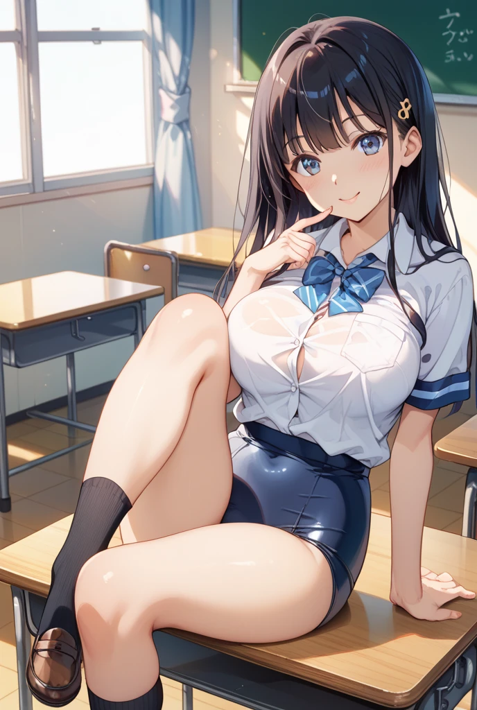 Big Breasts、A girl in a white gym uniform with erect nipples、Navy blue bloomers with a clearly visible slit、barefoot、classroom、A boy in uniform with an erection、Three boys fondling a girl's breasts