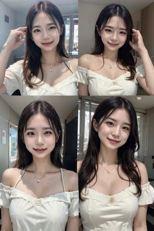 ((Realistic light、Top image quality、8K、​masterpiece:1.3))、1girl in、Slim figure beauty:1.4、Brown hair、((ultra gigantic tits:1.3))、Off-shoulder cut top:1.3、Super Detailed Face、detailedeyes、二重まぶた、Own room、A smile、cleavage of the breast、((Beautie))、When my morning hair is a mess、I'm hot, Sleeping face、White dress、((by lake))