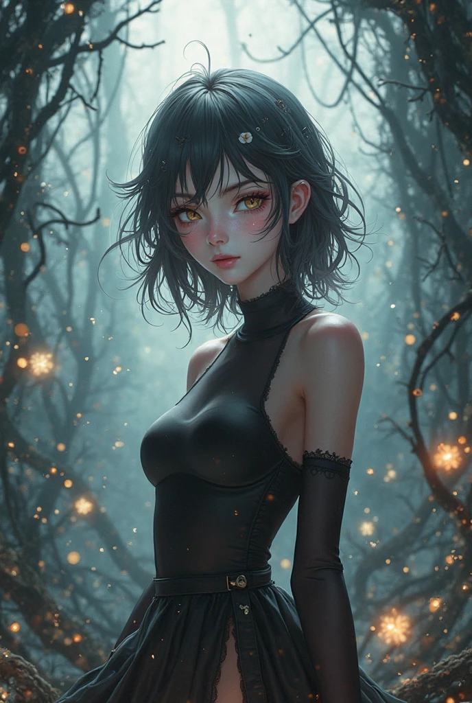 anime girl black blob short hair wearing gold glasses and bikini and spirit get inside her body takeover body