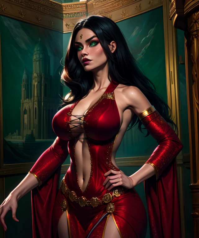 vampire wearing a revealing eveningdress, slinky dress, brothel, red velvet, gold. blue-black hair
