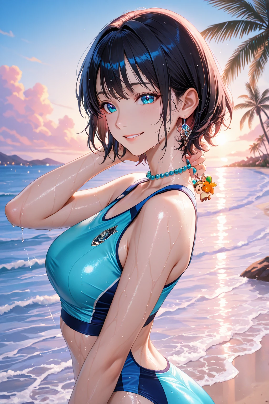 a close up of a woman in a bikini, bulma from dragon ball, wet swimsuit, overwatch tracer in a bikini, is wearing a swimsuit, digital illustration, cutesexyrobutts, saiyan girl, monokini, detailed fanart, swimsuit, pinup art, in retro swimsuit, nico robin, nami one piece, detailed digital art