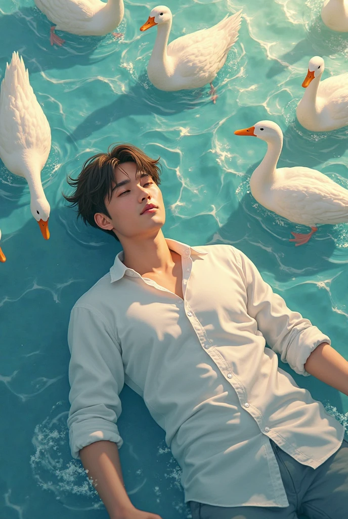 a close up of a man in a body of water surrounded by swans, male art, shikanosuke yagaki, anime handsome man, hironaka, greek god, samurai jack, male anime character, swan, michael okuda, otto schmidt, tokio aoyama, anime man, andrew thomas huang, avatar image, rick dai, attractive male deity
