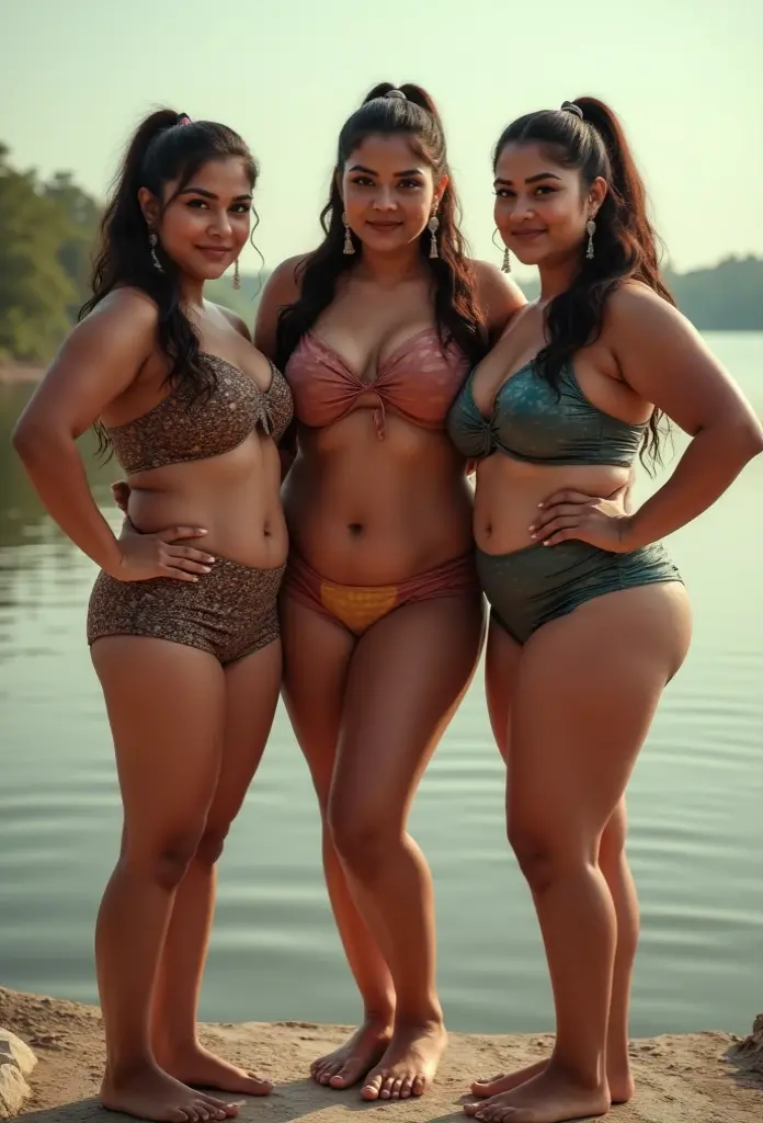 Indian cute girl 30 years old marriage life like, high - resolution women with a perfect figure Super fine face and eyes, slong hair, Beach background top Colour bikini, Wearing a traditional saree, bulky figure, huge big extra large and full chubby body, looking front, fair complexion, pond backgrounds. Hung breast, Plus size model, 4k, 8k,